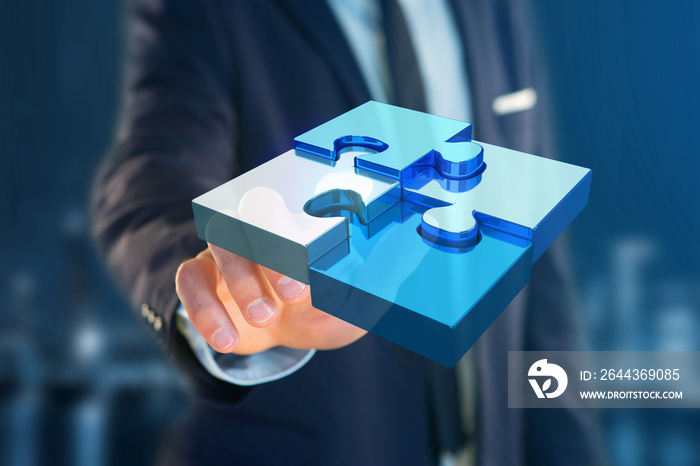 Four puzzle pieces making a logo on a futuristic interface - 3d rendering