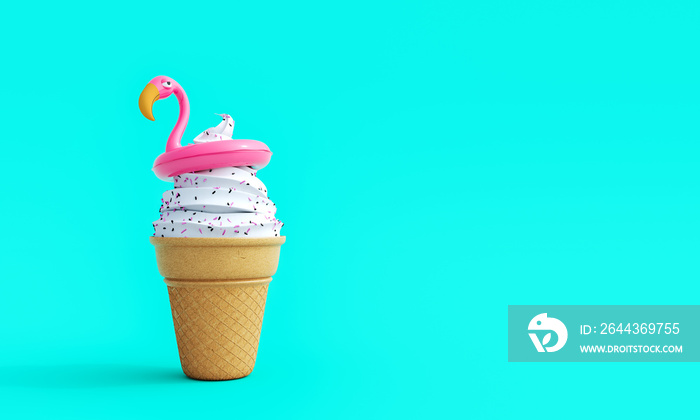 Cornet ice cream with pink flamingo on turquoise blue summer background 3D Rendering, 3D Illustration