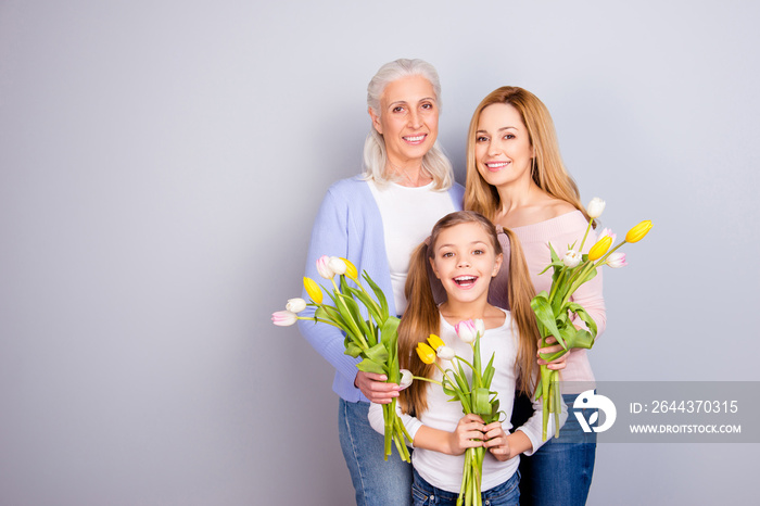 People weekend joy leisure lifestyle motherhood parenthood maternity mama mommy concept. Portrait of adorable sweet gentle lovely beautiful three women standing together isolated on gray background