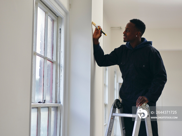 Man standing on ladder and painting house walls