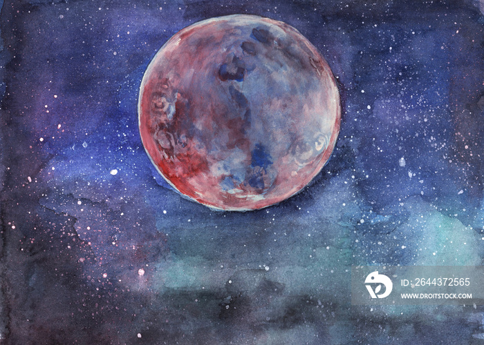 Red Moon in starry sky. Hand-drawn watercolor big bloody moon silhouette in galaxy background.  Galaxy.