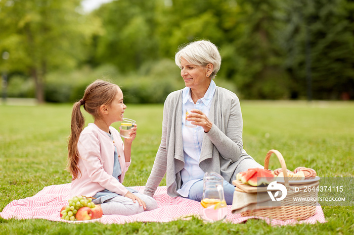 family, leisure and people concept - happy grandmother and granddaughter having picnic and drinking fruit water at summer park