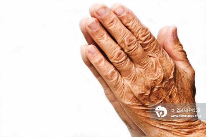 Praying old woman on a light background. Old hands of a praying grandmother.