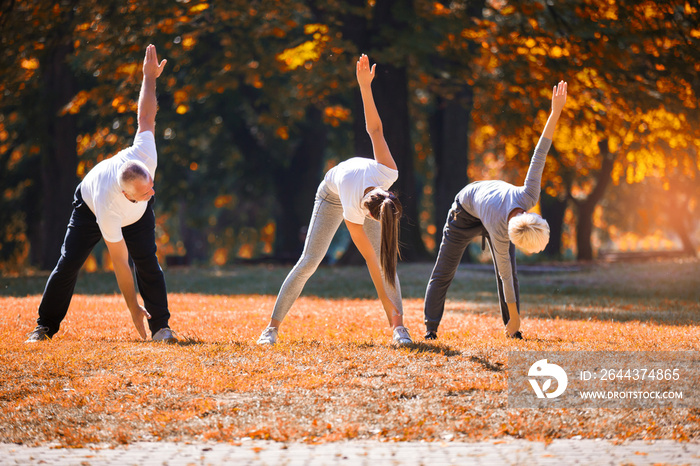 Senior man and woman and young female instructor  workout on fresh air. Outdoor activities, healthy lifestyle, strong bodies, fit figures. Stylish, modern sportswear. Different generations