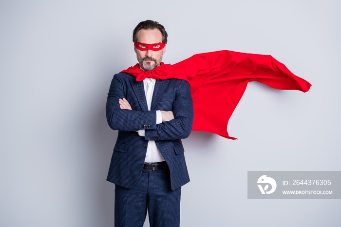 Photo of serious self-confident cool professional aged mature business guy arms crossed corporate party theme super hero costume wear blue suit red face mask cloak isolated grey background