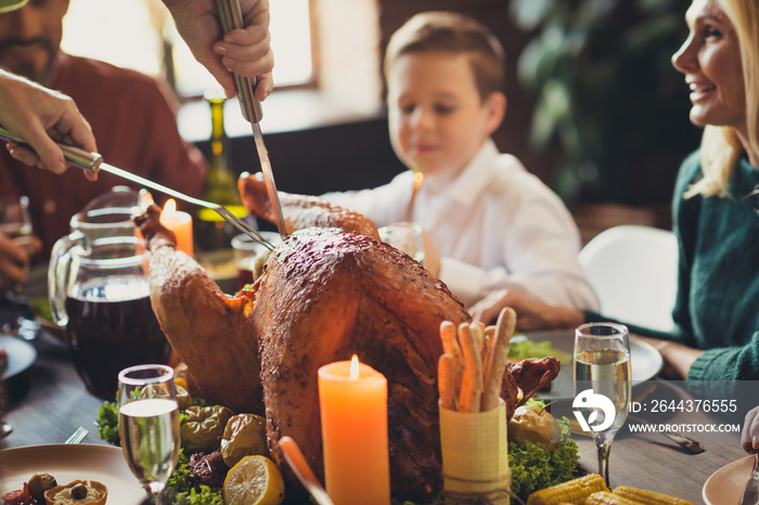 Photo of served table thanksgiving meeting dinner hands cut stuffed turkey candle fire harmony living room indoors