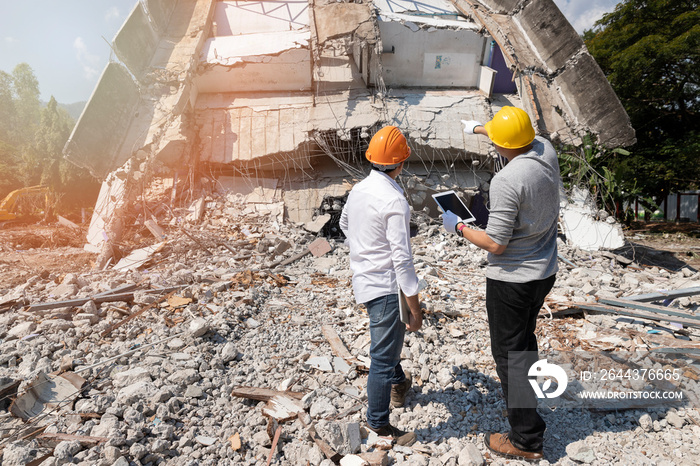 Demolition control supervisor and foreman discussing on demolish building.