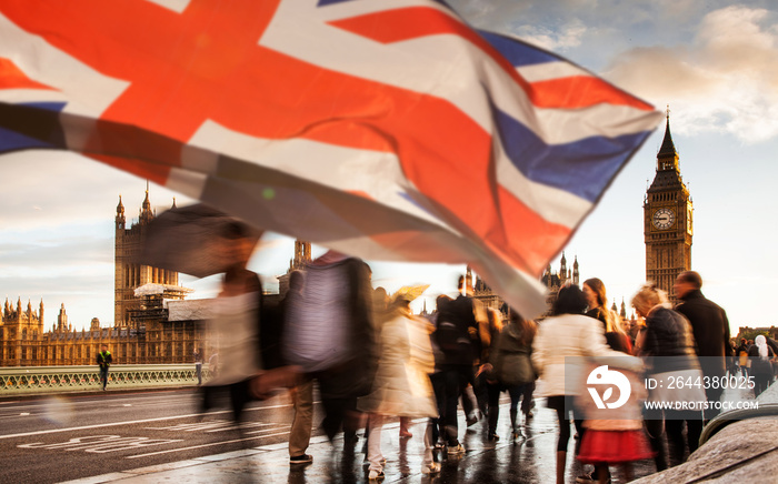 union jack flag and iconic Big Ben at the palace of Westminster, London - the UK prepares for new elections