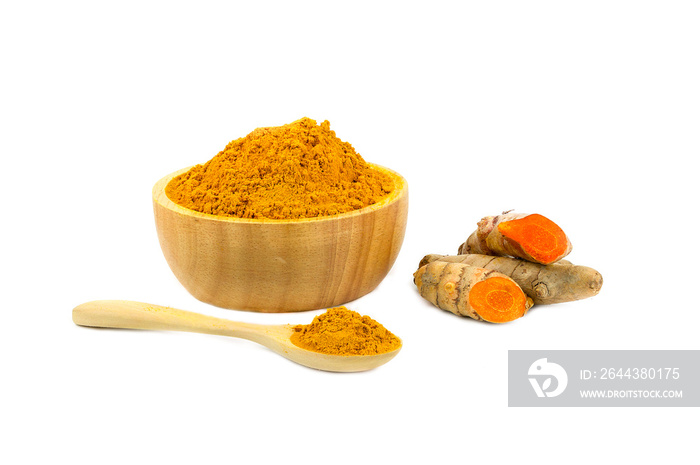 Turmeric powder and turmeric isolated on white background, indian spice, healthy seasoning ingredient for vegan cuisine concept.