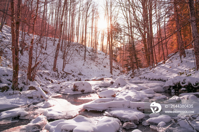 frozen river covered by snow on a sunny day