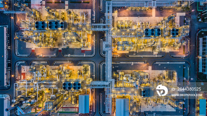 Aerial view by drone, Oil and gas refinery power and energy for crowd people in the city, Business refinery plant, Refinery factory fuel chemical industry.