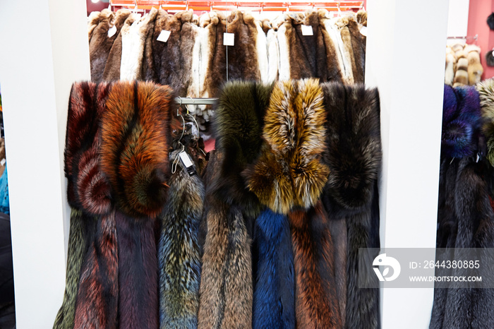 Details of fur accessories and clothes in the fair of milano, capital of italian fashion, interior, Italy