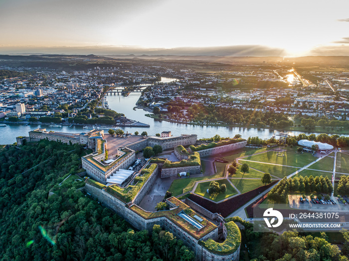 Aerial View of Ehrenbreitstein fortress and Koblenz City in Germany during sunset