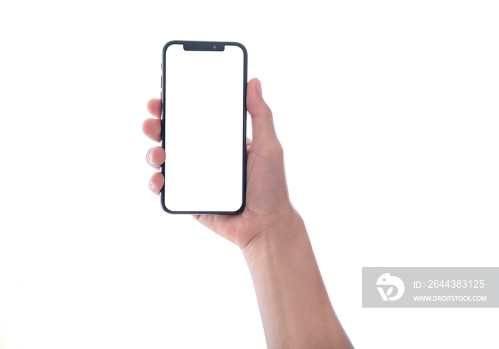 close up hand hold phone isolated on white, mock-up smartphone white color blank screen