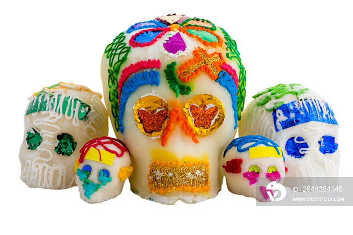 Day of the dead decorated skulls set, sugar skull figurines isolated without background PNG.