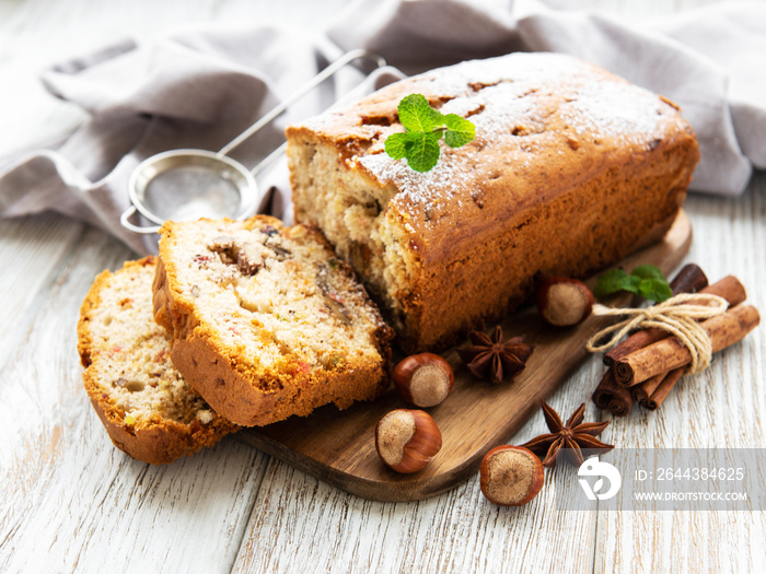 traditional homemade stollen with dried fruits and nuts