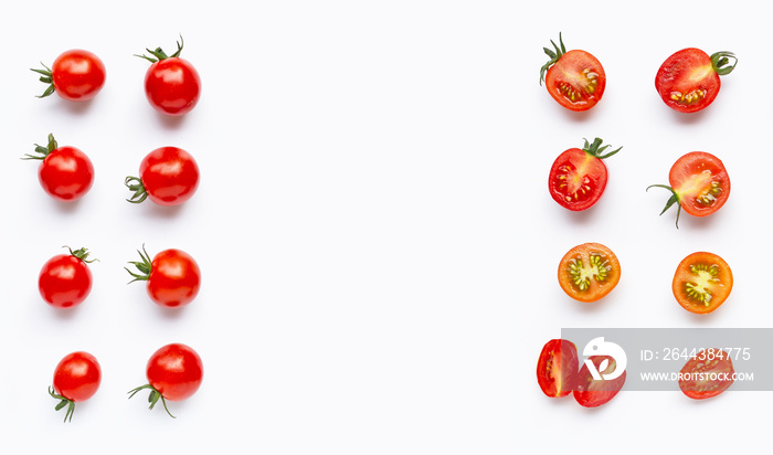 Fresh tomatoes, whole and half cut isolated on white background.
