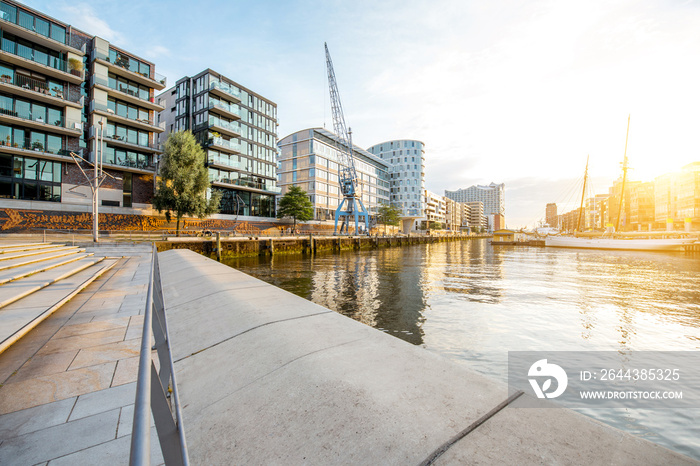 Sunset view on the modern residential district on the harbor of Hafencity in Hamburg, Germany