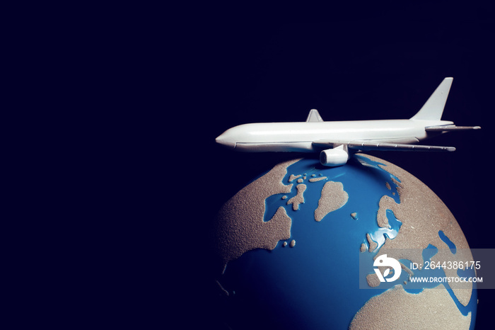 airline of airplane with global world map on background in transportation business for travel tourist international concept, summer season holiday vacation, logistic import export