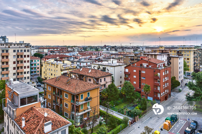 Mestre Italian city at sunrise view from above. Beautiful buildings in morning light