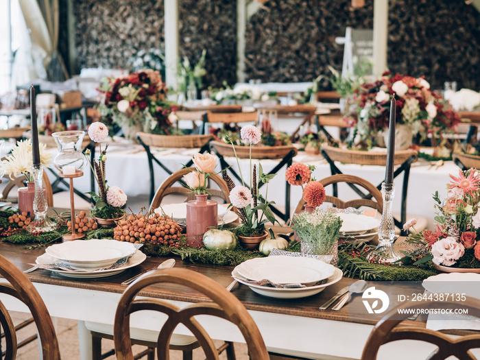 Wedding decoration. Table set at wedding.