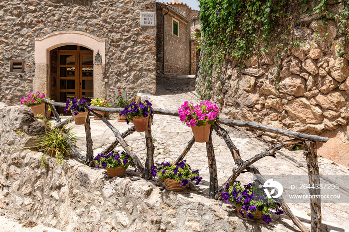 Mallorca - Passage de la Beata in Valldemossa with wooden railing and potted flowers