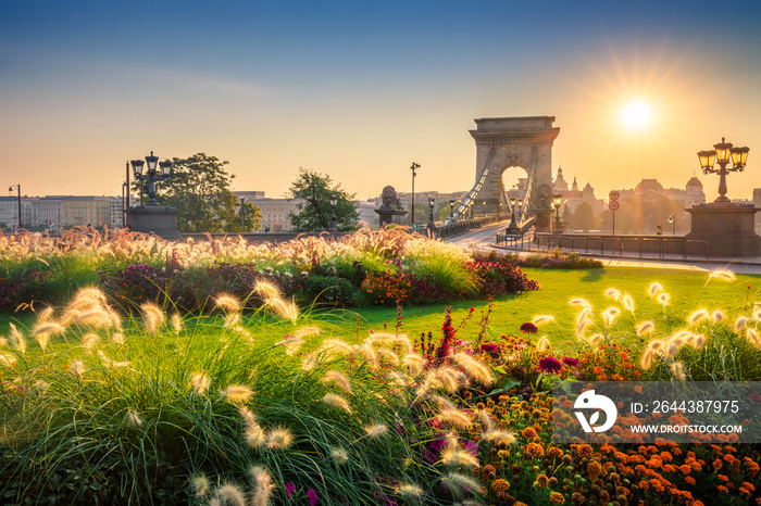 Budapest, Hungary - Sunrise at the Clark Adam Square with the beautiful Szechenyi Chain Bridge