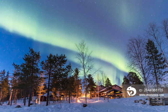 Green Northern lights belts in a blue sky over a cottage in the lapland forest