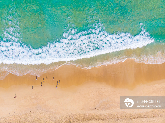 Aerial view sea wave white sand beach