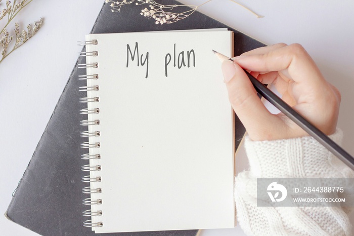 Woman hand holding pencil with the notebook with My Plan text is on top of white notebook on office desk table.Life  planning concept.