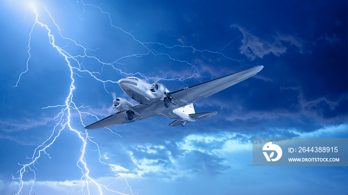 Old metallic propeller airplane in the sky with thunder and lightning