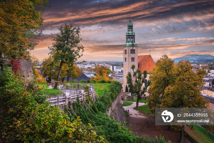 Salzburg, Austria. Cityscape image of the Salzburg with colorful sky during sunset. Popular travel destination of Europe. Creative image.