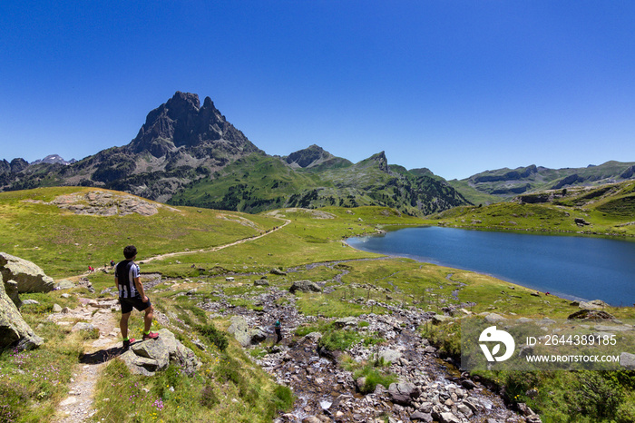 View of Ayous lakes and Midi d’Ossau mountain in the Pyrenees (France)