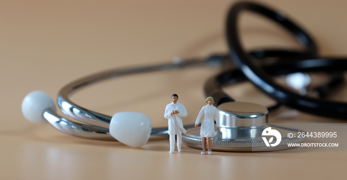 Stethoscope and Miniature medical staff.