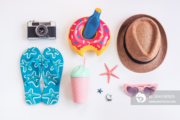 Travel accessories items on white background, Summer vacation concept