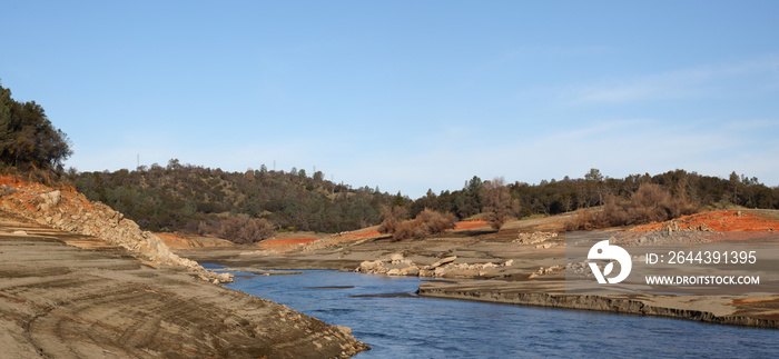 Beautiful Red Rock and Shoreline of the North Fork of the American River at Low Water Below the Folsom Reservoir High Water Line