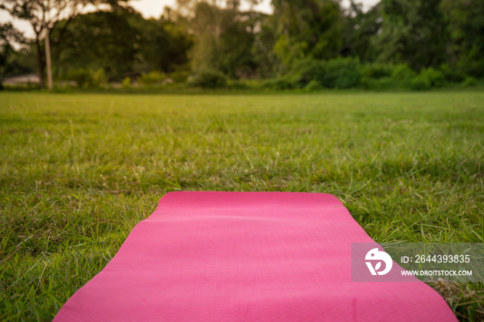 Pink mat for yoga or fitness on green grass lawn outdoors.