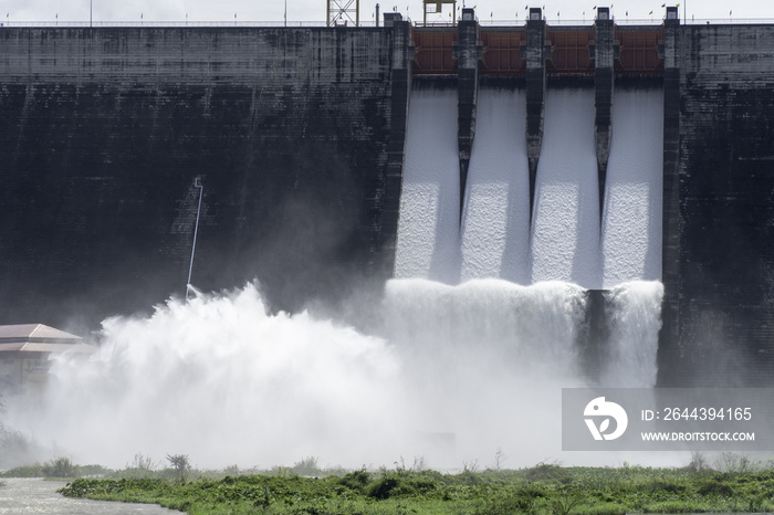 Dam water release. Water overflows during the rainy season. Khun Dan Prakan Chon dam in thailand.