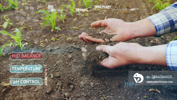 The farmer checks the soil moisture in the field. The H2O indicator is red, dry soil, modern technologies of the future in agriculture, soil analysis, warning about the lack of water in the ground