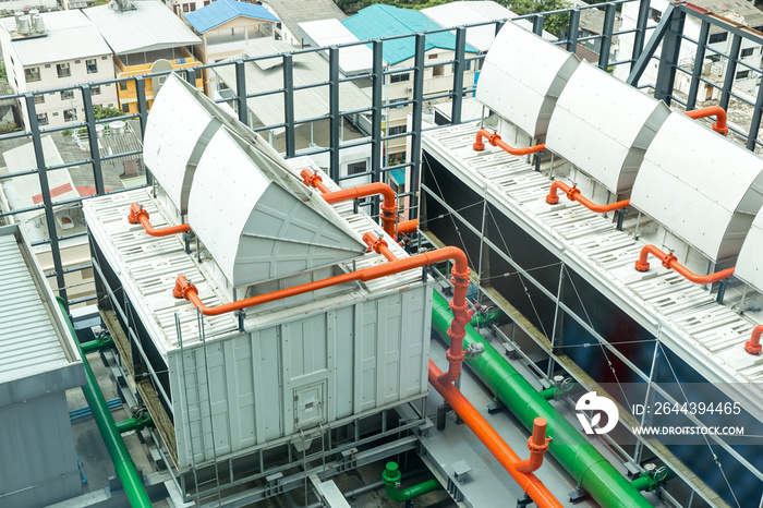 Chiller. Sets of cooling towers in data center building.