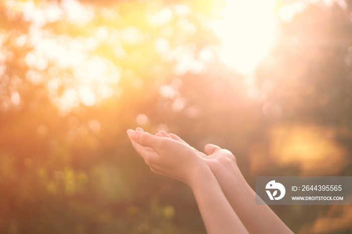 Woman open hand up to sunset sky and green blur leaf bokeh sun light abstract background.