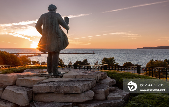 Statue of Chief Ignatius Petoskey overlooking Little Traverse Bay, Lake Michigan.