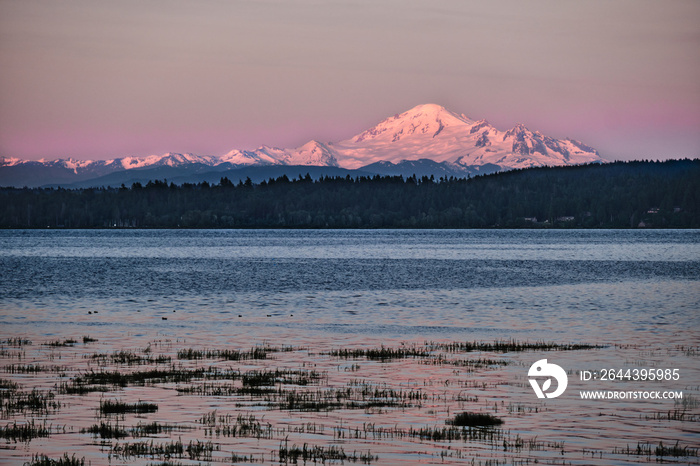 Ocean bay and snow covered mountain at sunset. Mud bay with mount Baker in the background. Tsawwassen. Metro Vancouver. British Columbia. Canada