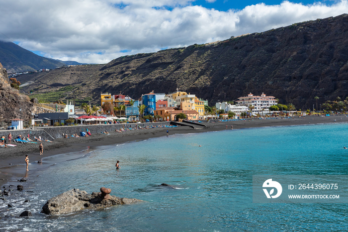 Tazacorte beach with black lava sand at La Palma Island, Canary Island, Spain.