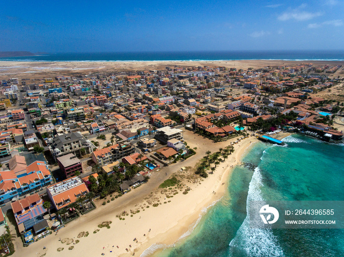 Santa Maria Beach Bay Aerial Drone landscapes footage in Sal Island Cabo Verde