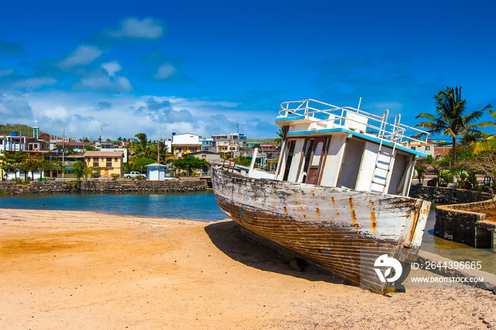 Old boat. Fishing boat. Wooden fishing boat. Ecuador. Galapagos Islands.