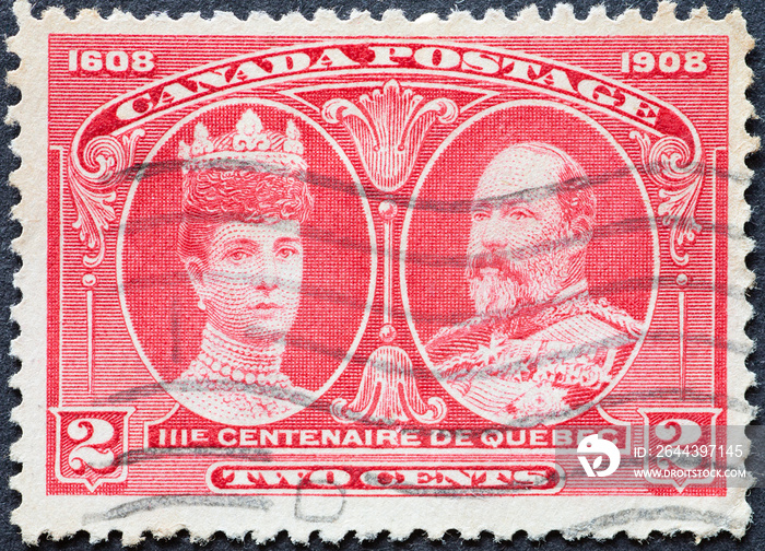 CANADA - CIRCA 1908: a postage stamp from CANADA , showing a portrait of King Edward VII and Queen Alexandra. Circa 1908