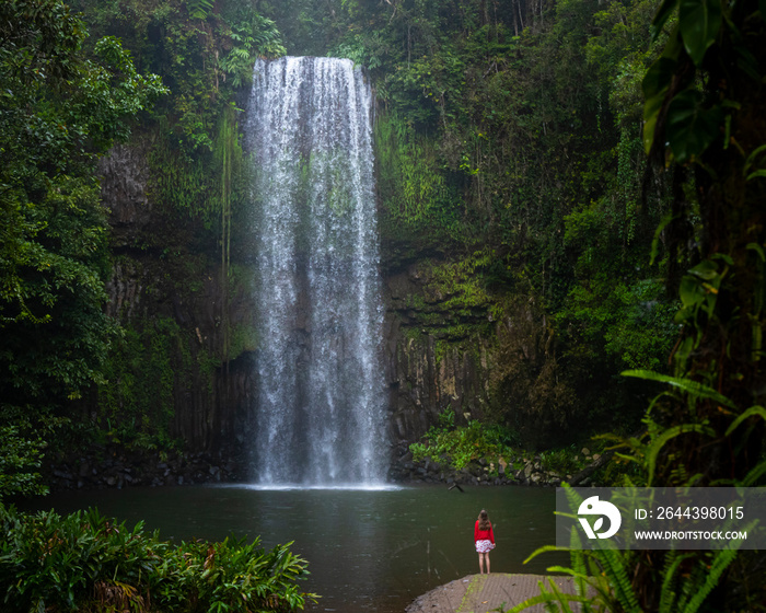 A girl in a red sweatshirt and red and white skirt stands over a powerful tropical waterfall in australia; millaa millaa falls in queensland; queensland rainforest