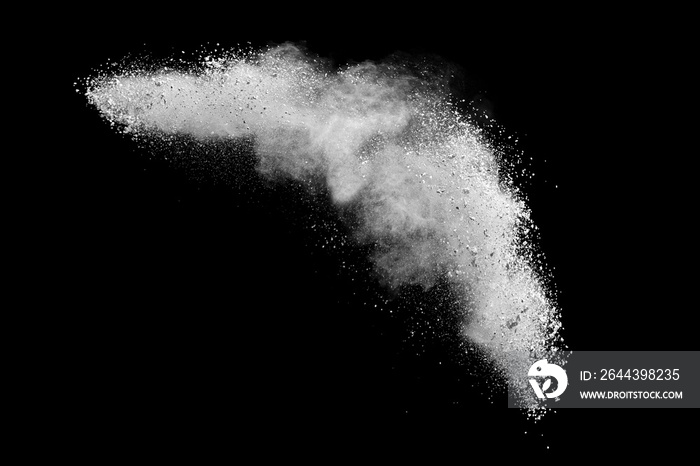 Explosion of white powder isolated on black background. Abstract colored background. holi festival.