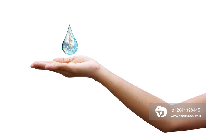 concept of saving the world water droplets on human hand